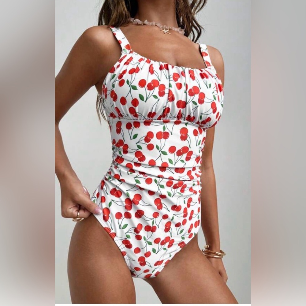 Cherry Print One-Piece Swimsuit - White & Red